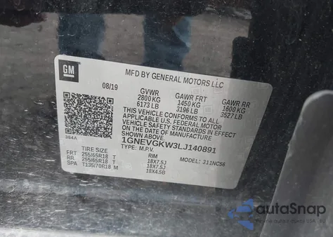 2020 Chevrolet Traverse Awd Lt Cloth из США, поврежденный, VIN 1GNEVGKW3LJ140891